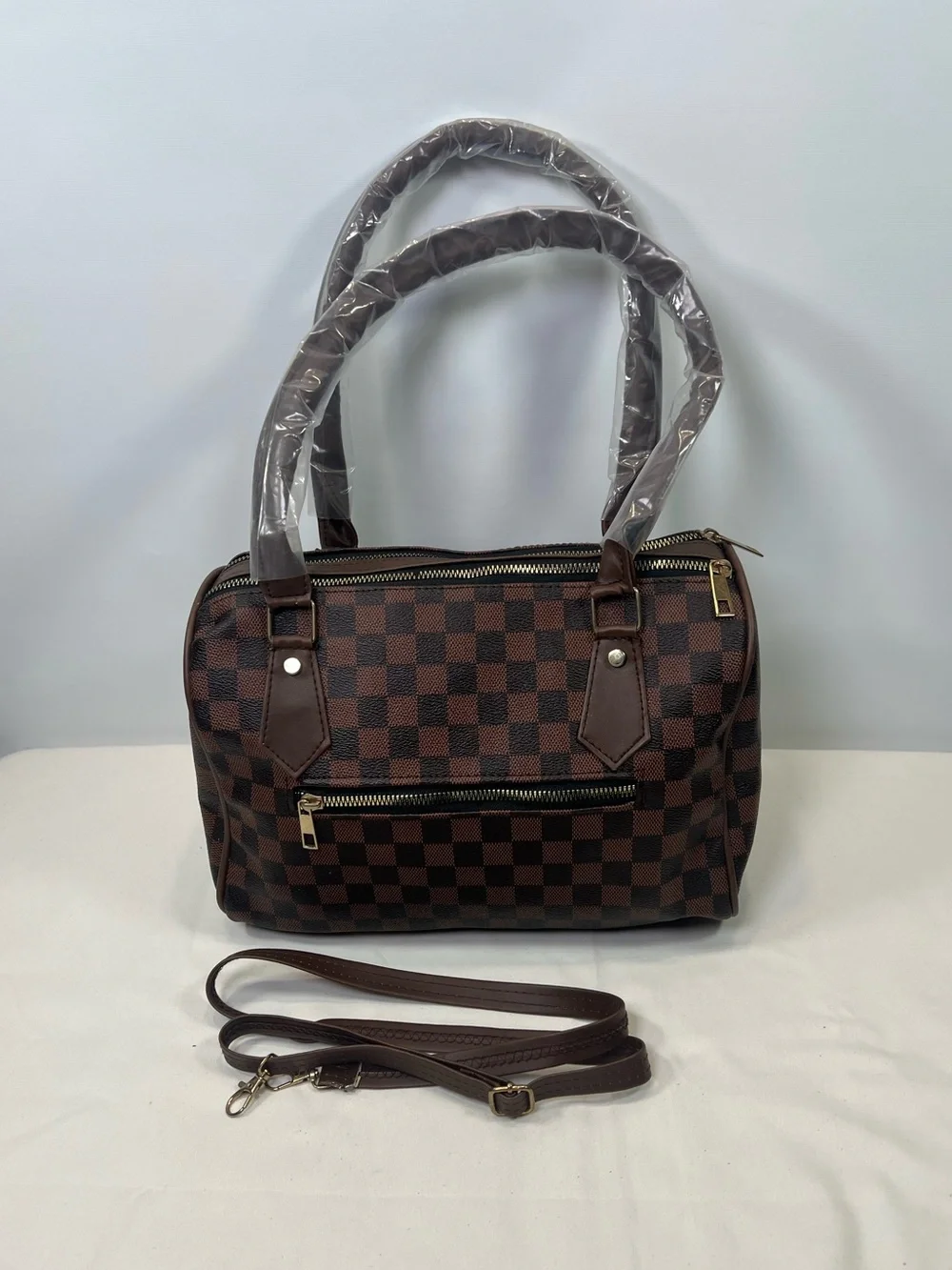 Brown Monogram Style Satchel Purse Gold Tone Hardware Fashion Handbag Flaw